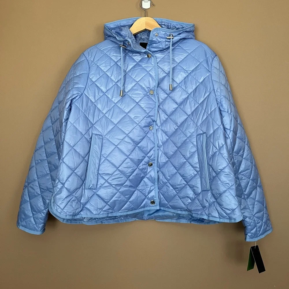 {Kate Spade} Hooded Quilted Packable Jacket in Cosmic Zen Blue - Womens XL - NWT